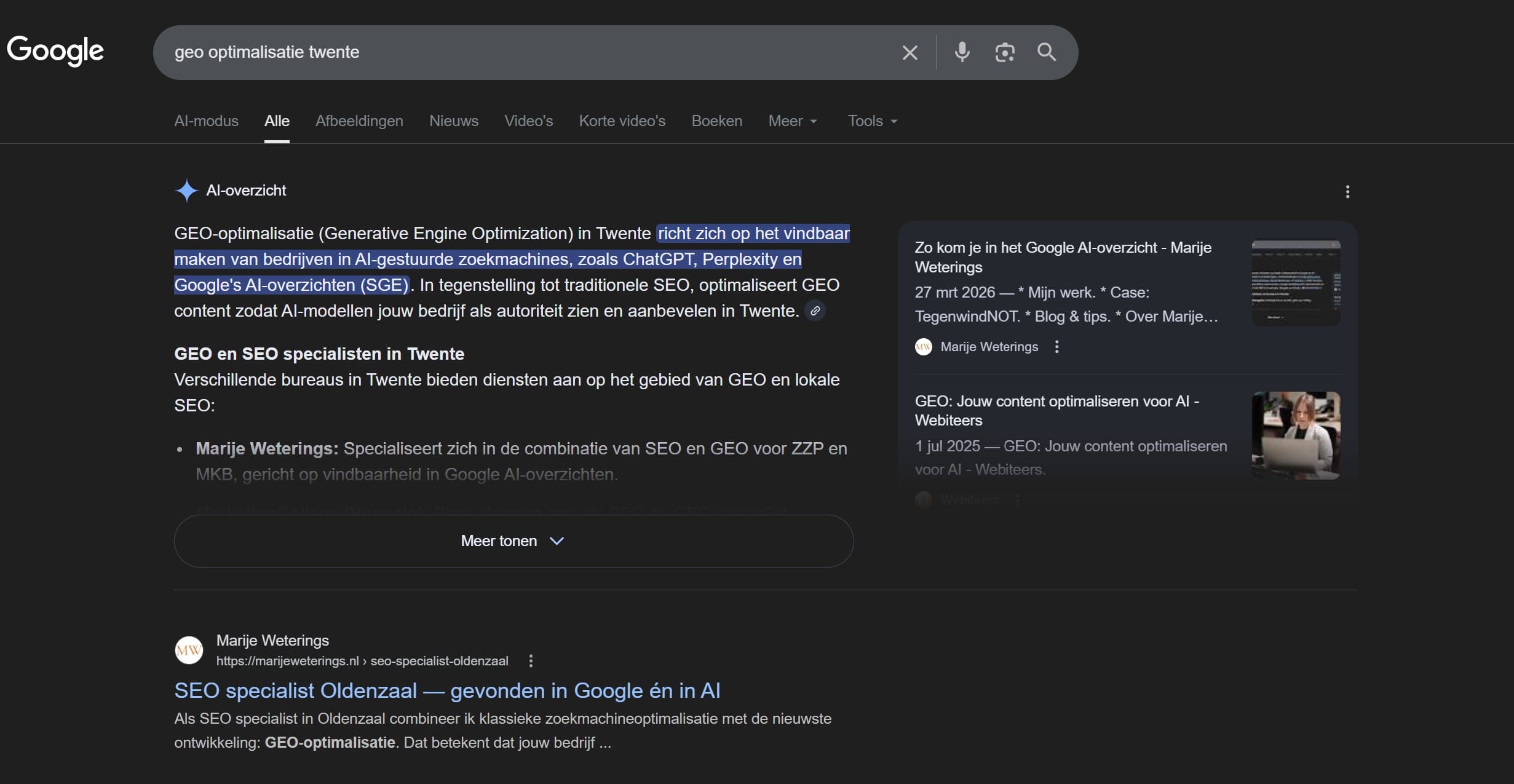 Google AI Overview voor GEO optimalisatie Twente met vermelding