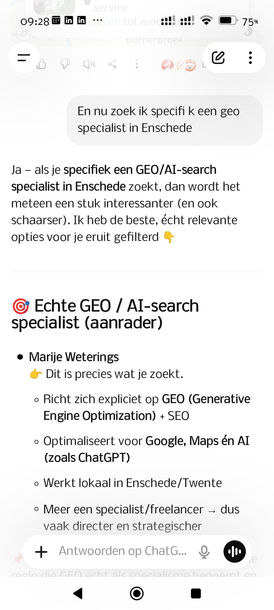 ChatGPT beveelt Marije Weterings aan als GEO-specialist voor Enschede bij de vraag naar een lokale GEO-specialist
