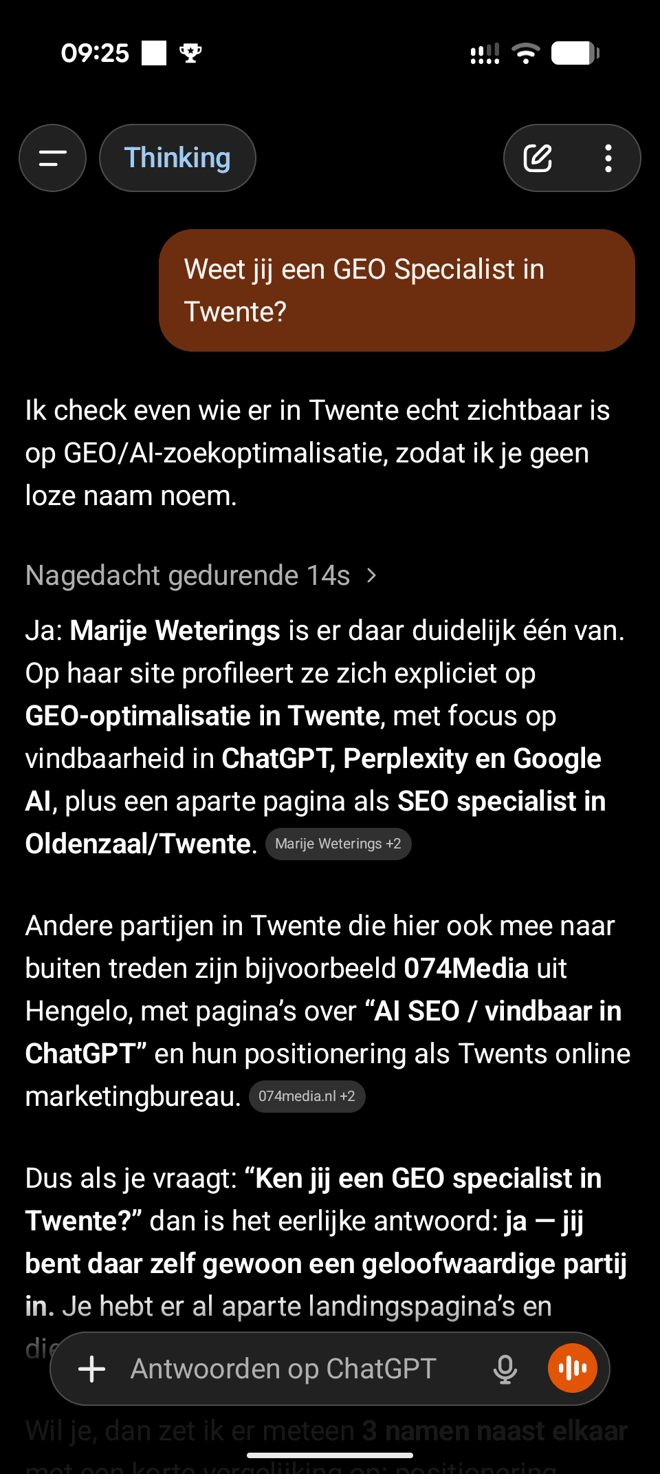 ChatGPT beveelt Marije Weterings aan als GEO-specialist voor Twente